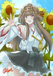 Rule 34 | 1girl, absurdres, ahoge, black skirt, blue sky, breasts, brown hair, cloud, cloudy sky, day, detached sleeves, double bun, field, flower, flower field, hair bun, hairband, hakama, hakama short skirt, hakama skirt, headgear, highres, japanese clothes, kantai collection, kongou (kancolle), kongou kai ni (kancolle), long hair, looking at viewer, medium breasts, nontraditional miko, open mouth, outdoors, popped collar, purple eyes, ribbon-trimmed sleeves, ribbon trim, shamo (ptwmjgda), shirt, skirt, sky, smile, solo, sunflower, sunflower field, twitter username, white shirt