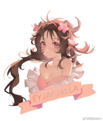 Rule 34 | 1girl, ahoge, amo (amo9612), animal ears, arknights, bikini, blush, breasts, brown hair, character name, cleavage, collarbone, cropped torso, eyjafjalla (arknights), eyjafjalla (summer flower) (arknights), flower, frills, hair flower, hair ornament, horns, long hair, looking at viewer, off-shoulder bikini, off shoulder, official alternate costume, pink bikini, pink eyes, pink flower, sheep ears, sheep girl, sheep horns, simple background, solo, swimsuit, white background
