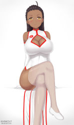 Rule 34 | 1girl, baochan, black hair, blush, breasts, challengia, china dress, chinese clothes, cleavage, cleavage cutout, clothing cutout, dark skin, dark-skinned female, dress, eyebrows, gloves, highres, kainkout, large breasts, looking at viewer, nchans, nchans style, shoes, sitting, smile, solo, thighhighs, white dress, yellow eyes