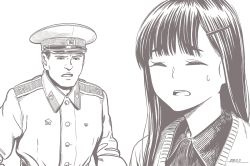 Rule 34 | 1boy, 1girl, closed eyes, facing viewer, hair ornament, hairclip, horikou, jacket, long hair, monochrome, open mouth, simple background, soviet army, sweatdrop, toba minami, white background, wing collar, yurucamp