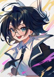Rule 34 | 1girl, :d, ahoge, artist name, black hair, black jacket, black necktie, blue eyes, blush, bow, collared jacket, collared shirt, cropped torso, dot nose, glasses, hair between eyes, hair bow, hair intakes, highres, hyanna-natsu, jacket, long sleeves, looking at viewer, necktie, open clothes, open jacket, open mouth, original, round eyewear, shirt, sidelocks, smile, solo, teeth, upper teeth only, white bow, white shirt, zipper