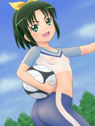 Rule 34 | 10s, 1girl, ass, ball, blush, bodypaint, breasts, collarbone, green eyes, green hair, hair ribbon, holding, holding ball, looking at viewer, matching hair/eyes, midorikawa nao, naked paint, nipples, nude, open mouth, painted clothes, ponytail, precure, ribbon, small breasts, smile, smile precure!, soccer ball, solo, standing, suenaga (progressive), thighs, yellow ribbon