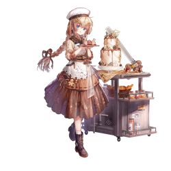 Rule 34 | 1girl, :q, apron, baking sheet, basket, birthday cake, blue eyes, blush, boots, bow, braid, braided ponytail, bread, brown dress, brown hair, brown ribbon, cake, cookie, cupcake, dress, fnc (girls&#039; frontline), food, full body, game cg, gingerbread man, girls&#039; frontline, girls&#039; frontline neural cloud, hair ornament, hair ribbon, hat, highres, holding, holding tray, holding weapon, jam, jar, licking lips, long hair, looking at viewer, official art, oven mitts, ribbon, serving cart, smile, solo, sword, tongue, tongue out, transparent background, tray, weapon