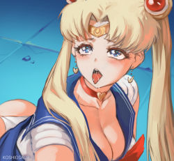 Rule 34 | 1girl, ahegao, artist name, bad id, bad pixiv id, bishoujo senshi sailor moon, blonde hair, blue eyes, blue sailor collar, blush, breasts, choker, circlet, cleavage, clothes lift, collarbone, commentary request, crescent, crescent earrings, derivative work, drooling, earrings, hair ornament, hair over shoulder, heart, heart choker, jewelry, koshio, large breasts, long hair, looking at viewer, meme, open mouth, panties, red choker, rolling eyes, sailor collar, sailor moon, sailor moon redraw challenge (meme), sailor senshi uniform, sketch, skirt, skirt lift, solo, tile floor, tiles, tongue, tongue out, twintails, underwear, white panties