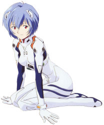 Rule 34 | 1girl, absurdres, arm support, ayanami rei, blue hair, bodysuit, bracer, breasts, from side, full body, gloves, hair between eyes, hair ornament, highres, interface headset, leaning forward, light smile, looking at viewer, neon genesis evangelion, official art, pale skin, pilot suit, plugsuit, red eyes, scan, short hair, simple background, sitting, skinny, small breasts, smile, solo, turtleneck, wariza, white background