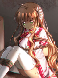 Rule 34 | 1girl, ahoge, arms behind back, bdsm, blush, bondage, bound, braid, breasts, brown hair, chinese commentary, closed mouth, commentary request, dress, eyes visible through hair, feet out of frame, flower, frilled dress, frills, frown, green eyes, hair between eyes, hair flower, hair ornament, indoors, kanbe kotori, kazamatsuri institute high school uniform, knees up, legs together, lliissaawwuu2, long hair, looking at viewer, medium breasts, pink dress, pink flower, puffy short sleeves, puffy sleeves, red ribbon, rewrite, ribbon, school uniform, shibari, shiny skin, short sleeves, sidelighting, sidelocks, sitting, solo, sweat, thighhighs, thighs, twin braids, very long hair, wavy hair, white thighhighs