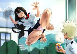 Rule 34 | 1boy, 1girl, against glass, asui tsuyu, bakugou katsuki, bare arms, bare legs, barefoot, black eyes, black hair, blonde hair, boku no hero academia, bra, breast press, breasts, breasts on glass, carton, cleaning, cleaning windows, climbing, closed mouth, cloth, collared shirt, crotch, crushing, day, drink, drinking straw, hair between eyes, hair rings, hand on glass, highres, holding, holding carton, holding cloth, indoors, juice box, kyuugata, large breasts, long hair, looking at another, looking up, low-tied long hair, medium hair, miniskirt, necktie, panties, parted bangs, pink panties, school uniform, see-through, see-through shirt, shirt, short sleeves, skirt, soles, spiked hair, spilling, spit take, spitting, spread legs, surprised, toes, unaligned breasts, underwear, very long hair, window, wing collar