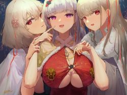 Rule 34 | 3girls, anchor necklace, azur lane, breasts, cape, capelet, dido (azur lane), dress, earrings, fireworks, flower, formidable (azur lane), fur-trimmed capelet, fur trim, hair flower, hair ornament, highres, huge breasts, jewelry, kioroshin, light purple hair, long hair, looking at viewer, looking to the side, medium hair, multiple girls, necklace, open mouth, platinum blonde hair, purple eyes, red dress, red eyes, sirius (azur lane), underboob, upper body, very long hair, white cape, white hair, yellow capelet