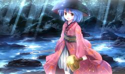 Rule 34 | 1girl, :d, blue hair, bowl, bowl hat, brown eyes, hat, highres, holding, japanese clothes, kimono, looking at viewer, miracle mallet, open mouth, risutaru, short hair, smile, solo, sukuna shinmyoumaru, touhou, water
