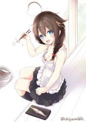 Rule 34 | 10s, 1girl, ahoge, artist name, bare shoulders, blue eyes, blush, braid, breasts, brown hair, cleavage, dress, fish, fish (food), grill, grilled fish, hair between eyes, heart, heart ahoge, kantai collection, long hair, looking at viewer, medium breasts, open mouth, personification, shigure (kancolle), shigure kai ni (kancolle), single braid, sitting, smile, socks, solo, standing