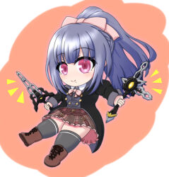 Rule 34 | 1girl, assault lily, belt, belt buckle, black jacket, black thighhighs, blunt bangs, boots, bow, braid, brown belt, brown skirt, buckle, chibi, closed mouth, coattails, collared shirt, commentary, cross-laced footwear, dual wielding, french braid, frilled skirt, frills, fukuyama jeanne sachie, full body, grey hair, hair bow, half updo, hands up, highres, holding, holding sword, holding weapon, jacket, juliet sleeves, lace-up boots, light blush, long hair, long sleeves, looking at viewer, ludvico private girls&#039; academy school uniform, miniskirt, mole, mole under mouth, multiple belts, noblesse (noblesse 2023), notice lines, orange background, pink bow, pink eyes, puffy sleeves, school uniform, shirt, shoe soles, skirt, smile, solo, standing, standing on one leg, sword, thighhighs, two-tone background, weapon, white background, white shirt, zettai ryouiki