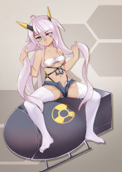 Rule 34 | 1girl, ahoge, azur lane, bandeau, black gloves, blue eyes, blush, bomb, breasts, closed mouth, commentary request, dark-skinned female, dark skin, explosive, expressionless, eyes visible through hair, facepaint, fat man (nuclear bomb), full body, gloves, grey shorts, hair between eyes, hand in own hair, hazard symbol, heart, heart ahoge, heterochromia, highres, horns, indianapolis (azur lane), long hair, looking at viewer, mechanical horns, medium breasts, micro shorts, navel, no shoes, nuclear weapon, open fly, pink hair, radiation symbol, shorts, sitting, solo, the hermit, thighhighs, twintails, underboob, very long hair, weapon of mass destruction, white bandeau, white thighhighs, yellow eyes