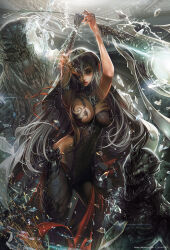 Rule 34 | 1girl, armband, arms up, black bodysuit, bodysuit, chain, cloak, cropped legs, detached collar, devilian, disintegration, eyeshadow, fantasy, gauntlets, grey eyes, hair over one eye, highres, holding, holding polearm, holding weapon, hood, hooded cloak, limha lekan, long hair, looking at viewer, magic, makeup, monster, polearm, red lips, sharp teeth, single gauntlet, skill, sparks, straight-on, teeth, weapon, white hair