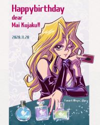 Rule 34 | 1girl, artist name, bare shoulders, blonde hair, bottle, card, character name, dated, detached sleeves, eyelashes, hair between eyes, hand up, happy birthday, holding, holding card, kujaku mai, lipstick, long hair, looking at viewer, makeup, mixed-language commentary, nail polish, pink lips, pink nails, purple eyes, smile, solo, soya (sys ygo), sparkle, watermark, yu-gi-oh!