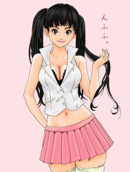 Rule 34 | 1girl, black hair, breasts, brown eyes, cleavage, dead or alive, hybrid cat, large breasts, lei fang, long hair, midriff, skirt, smile, tecmo, thighhighs, twintails, zettai ryouiki
