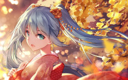 Rule 34 | 1girl, :d, aqua eyes, aqua hair, bison cangshu, blue hair, floating hair, flower, from side, ginkgo tree, ginkgo leaf, hair flower, hair ornament, hatsune miku, highres, japanese clothes, kimono, leaf, long hair, looking at viewer, open mouth, smile, solo, twintails, upper body, vocaloid