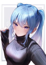Rule 34 | 1girl, black sweater, blue hair, blue nails, closed mouth, ear piercing, earrings, hair between eyes, highres, hololive, hoshimachi suisei, jewelry, ky00, long hair, long sleeves, looking at viewer, nail polish, piercing, purple eyes, ribbed sweater, selfie, sleeves past wrists, solo, sparkle, sweater, turtleneck, turtleneck sweater, twintails, upper body, virtual youtuber
