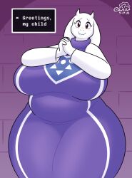 Rule 34 | 1girl, breasts, brick wall, cobat, curvy, english text, facing viewer, fangs, female focus, furry, furry female, highres, horns, huge breasts, looking at viewer, mature female, plump, red eyes, solo, speech bubble, thick thighs, thighs, toriel, undertale, wide hips