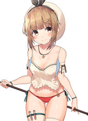 Rule 34 | 1girl, absurdres, atelier (series), atelier ryza, atelier ryza 1, bad id, bad pixiv id, bare shoulders, beret, blush, breasts, brown eyes, brown hair, cleavage, closed mouth, collarbone, cowboy shot, crop top, gluteal fold, hair ornament, hairclip, hat, highres, holding, jewelry, looking at viewer, medium breasts, navel, necklace, no pants, panties, red panties, reisalin stout, short hair, side-tie panties, simple background, single thighhigh, smile, solo, standing, star (symbol), stomach, test tube, thigh gap, thighhighs, thighs, underwear, w.k, white background, white hat, white thighhighs