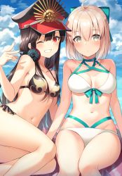 Rule 34 | 2girls, :o, ;d, ahoge, aqua bow, arm support, bare arms, bare shoulders, bikini, black bikini, black hair, blonde hair, blue sky, blush, bow, breasts, cleavage, collarbone, commentary request, day, fate/grand order, fate (series), frilled bikini, frills, grin, hair bow, hat, headphones, headphones around neck, highres, long hair, looking at viewer, medium breasts, multiple girls, navel, nonono (nononotea), oda nobunaga (fate), oda nobunaga (koha-ace), oda nobunaga (swimsuit berserker) (fate), oda nobunaga (swimsuit berserker) (second ascension) (fate), okita j. souji (fate), okita j. souji (third ascension) (fate), okita souji (fate), okita souji (koha-ace), one eye closed, open mouth, outdoors, parted lips, peaked cap, reclining, red eyes, red headwear, short hair, sitting, sky, smile, stomach, swimsuit, teeth, thighs, v, very long hair, white bikini