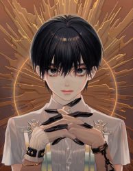 Rule 34 | 1boy, androgynous, bags under eyes, black hair, bracelet, finger gloves, hair intakes, highres, jewelry, kazchiko, lips, lipstick, looking at viewer, makeup, male focus, original, own hands clasped, own hands together, shirt, solo, upper body, white shirt