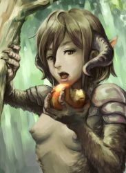 Rule 34 | 1girl, armor, breasts, brown eyes, brown hair, claws, eating, expressionless, fangs, food, fruit, horns, looking at viewer, monster girl, nikuo, nipples, open mouth, original, pauldrons, pointy ears, realistic, satyr, shoulder armor, small breasts, solo, tree, upper body