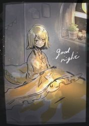 Rule 34 | 1girl, bed sheet, bedroom, blonde hair, flower pot, frilled pillow, frills, full moon, hair down, highres, kagamine rin, light particles, looking at viewer, moon, night, night sky, on bed, pafufu, pajamas, pillow, plant, potted plant, sheet grab, sitting, sketch, sky, solo, sparkle, stuffed animal, stuffed toy, teddy bear, under covers, vocaloid, window, yellow eyes, yellow pajamas