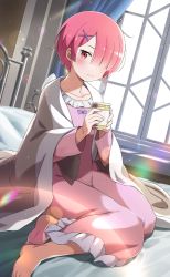 Rule 34 | 1girl, barefoot, bed sheet, bedroom, bow, closed mouth, collarbone, cup, dress, hair ornament, hair over one eye, highres, holding, holding cup, indoors, lens flare, long dress, looking at viewer, on bed, pink dress, pink hair, purple bow, ram (re:zero), re:zero kara hajimeru isekai seikatsu, red eyes, short hair, sitting, sleepwear, smile, solo, sunlight, x hair ornament