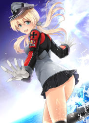 Rule 34 | 10s, 1girl, anchor hair ornament, aqua eyes, ass, black ribbon, black skirt, blonde hair, blush, commentary request, cross, from behind, gloves, hair ornament, hat, highres, iron cross, kantai collection, long hair, long sleeves, looking at viewer, looking back, low twintails, microskirt, military, military hat, military uniform, mk (mod0), open mouth, peaked cap, prinz eugen (kancolle), ribbon, skirt, smile, solo, twintails, uniform, white gloves