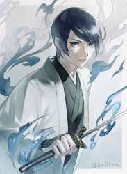 Rule 34 | 1boy, black hair, black kimono, blue eyes, blue fire, closed mouth, eyelashes, fire, haori, highres, holding, holding sword, holding weapon, japanese clothes, katana, kimono, kitagawa yuusuke, long sleeves, looking at viewer, male focus, persona, persona 5, simple background, solo, sword, twitter username, v-shaped eyebrows, weapon, za210n