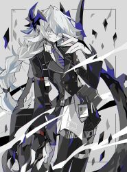Rule 34 | 1boy, absurdres, arknights, asagina gi, black suit, black vest, blue hair, briefcase, collared shirt, commentary, demon boy, demon horns, demon tail, formal, grey background, grey necktie, highres, horns, id card, light blue hair, long sleeves, looking at viewer, male focus, multicolored hair, necktie, ponytail, puzzle (arknights), shirt, simple background, slit pupils, solo, streaked hair, suit, symbol-only commentary, tail, vest, white eyes, white hair, white shirt