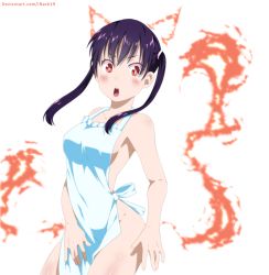 Rule 34 | 1girl, animal ears, apron, aqua apron, arm at side, armpits, artist name, ass, barefoot, black hair, blush, breasts, cat ears, cat tail, cleavage, cleft of venus, collarbone, completely nude, covering crotch, covering privates, deviantart username, embarrassed, en&#039;en no shouboutai, eyelashes, feet, female focus, fingernails, fire, highres, legs, looking at viewer, looking to the side, medium breasts, naked apron, neck, nude, open mouth, pyrokinesis, shiny skin, sideboob, sidelocks, simple background, slit pupils, solo, standing, tail, tamaki kotatsu, thighs, twintails, white background, yellow eyes
