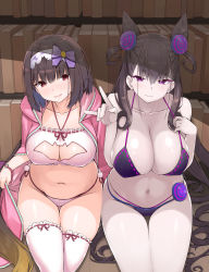 Rule 34 | 2girls, animal cutout, bad id, bad pixiv id, bakutendou, bat cutout, bikini, bow, breasts, brown hair, cleavage, cleavage cutout, closed mouth, clothing cutout, collarbone, commentary request, cone hair bun, double bun, fate/grand order, fate (series), gradient hair, hair bow, hair bun, hairband, highres, large breasts, long hair, looking at viewer, multicolored hair, multiple girls, murasaki shikibu (fate), navel, open mouth, osakabehime (fate), pale skin, parted lips, plump, purple bow, purple eyes, red eyes, sitting, swimsuit, thighhighs, white hairband, white legwear