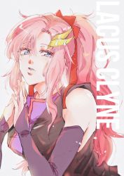 Rule 34 | 1girl, black jacket, bow, breasts, character name, detached sleeves, grey eyes, gundam, gundam seed, hair bow, highres, jacket, kare (0621utak), lacus clyne, leaning forward, long hair, medium breasts, own hands together, parted lips, pink hair, ponytail, red bow, sleeveless, solo, white background