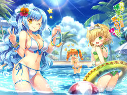 Rule 34 | !?, 3girls, ;p, ^^^, ass, assisted exposure, back, ball, bangle, bare shoulders, beachball, bikini, bikini skirt, blonde hair, blue bow, blue eyes, blue sky, blurry, blush, bow, bracelet, braid, breasts, capura lin, cleavage, closed mouth, clothes theft, cloud, coconut, copyright name, covering breasts, covering privates, day, depth of field, embarrassed, eyebrows, eyelashes, flower, frilled swimsuit, frills, front-tie top, green eyes, green one-piece swimsuit, groin, hair bow, hair flower, hair ornament, hair over one eye, hairband, halterneck, hand to own mouth, heart, hibiscus, holding, holding clothes, holding swimsuit, innertube, japanese text, jewelry, lens flare, looking at viewer, marble, medium breasts, multiple girls, navel, official art, one-piece swimsuit, one eye closed, original, outdoors, outstretched arm, palm tree, palms, partially submerged, pointy ears, polka dot, pool, reaching, red flower, see-through, side-tie bikini bottom, sky, small breasts, standing, star (symbol), stomach, string bikini, striped, summer, sunlight, sweatdrop, swim ring, swimsuit, swimsuit theft, tears, text focus, theft, thigh strap, tile floor, tiles, tongue, tongue out, topless, transparent, tree, twin braids, twintails, unworn bikini top, v, vertical stripes, wading, water, water drop, wavy hair, wet, wet clothes, wet swimsuit, white bikini, white bow, wristband, yellow eyes