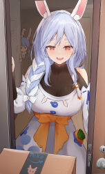 Rule 34 | 2girls, animal ear fluff, animal ears, apartment, apron, black bodysuit, blue hair, bodysuit, bow, box, braid, braided ponytail, breasts, cardboard box, cleavage, commentary request, detached sleeves, don-chan (usada pekora), double-parted bangs, hair between eyes, hair bow, hair over shoulder, highres, hololive, large breasts, light blush, long hair, mature female, multicolored hair, multiple girls, open door, open mouth, orange bow, orange eyes, peeking out, pekomama, pov doorway, rabbit-shaped pupils, rabbit ears, rabbit girl, see-through, see-through cleavage, short eyebrows, shuuzo3, smile, solo focus, standing, streaked hair, symbol-shaped pupils, teeth, thick eyebrows, two-tone hair, upper teeth only, usada pekora, virtual youtuber, white apron, white bow, white hair, white sleeves