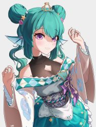 Rule 34 | 1girl, absurdres, bare shoulders, blush, bow, breasts, cleavage, cleavage cutout, clothing cutout, double bun, finana ryugu, fins, fish girl, frilled skirt, frills, green hair, green skirt, hair bun, hair ornament, halterneck, head fins, hechium, highres, japanese clothes, kimono, long sleeves, looking at viewer, medium breasts, medium hair, nijisanji, nijisanji en, obi, off shoulder, official alternate costume, purple bow, purple eyes, sash, simple background, skirt, smile, solo, star (symbol), star hair ornament, starfish, tiara, twintails, virtual youtuber, white background, white kimono, wide sleeves