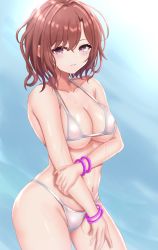 Rule 34 | 1girl, ana (vvvvor), bikini, blue background, bracelet, breasts, brown hair, cleavage, collarbone, commentary request, cowboy shot, hand on own arm, higuchi madoka, idolmaster, idolmaster shiny colors, jewelry, looking at viewer, medium breasts, mole, mole under eye, navel, parted lips, pink bikini, purple eyes, shiny skin, short hair, solo, standing, swimsuit