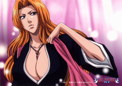 Rule 34 | 00s, 1girl, black kimono, bleach, blue eyes, breasts, cleavage, closed mouth, collarbone, copyright name, determined, facing viewer, hand up, highres, holding, holding clothes, holding scarf, huge breasts, japanese clothes, japanese text, jewelry, kanji, kimono, large breasts, long hair, looking at viewer, matsumoto rangiku, mole, mole under mouth, necklace, official art, orange hair, pink scarf, scarf, serious, shihakusho, shinigami, solo, translation request, upper body, white kimono, wide sleeves
