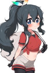 Rule 34 | 1girl, :&gt;, alternate hairstyle, backpack, bag, black gloves, black hair, black undershirt, blue eyes, blush, breasts, closed mouth, collarbone, commentary request, crop top, from side, gloves, hair between eyes, highres, kaban (kemono friends), kemono friends, khakis, leaning forward, long hair, looking at viewer, midriff, navel, pantyhose, ponytail, ransusan, red shirt, shirt, short sleeves, shorts, sidelocks, simple background, small breasts, smile, solo, standing, stomach, t-shirt, tied shirt, white background