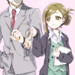 Rule 34 | 1boy, 1girl, amai tsutomu, asymmetrical hair, cardigan, commentary request, folded ponytail, formal, green eyes, green hair, green vest, grey suit, head out of frame, highres, idolmaster, idolmaster shiny colors, kuroi mimei, nanakusa hazuki, necktie, office lady, open cardigan, open clothes, red neckwear, shirt, short hair, sleep mask, suit, updo, vest, white shirt