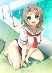 Rule 34 | 1girl, barefoot, blue eyes, brown hair, commentary request, competition swimsuit, full body, grey sailor collar, highres, kneeling, looking at viewer, love live!, love live! sunshine!!, neckerchief, no pants, one-piece swimsuit, open mouth, pool, poolside, purple one-piece swimsuit, red neckerchief, sailor collar, sailor shirt, school uniform, shimashima salmon, shirt, short hair, skirt, unworn skirt, smile, solo, swimsuit, swimsuit under clothes, uranohoshi school uniform, watanabe you, wet, wet clothes
