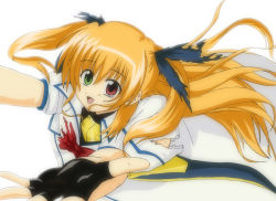 Rule 34 | 00s, 1girl, black gloves, black ribbon, bow, bowtie, foreshortening, gloves, green eyes, hair ribbon, heterochromia, long hair, looking at viewer, lyrical nanoha, mahou shoujo lyrical nanoha, mahou shoujo lyrical nanoha strikers, red bow, red bowtie, red eyes, ribbon, simple background, solo, very long hair, vivio, white background