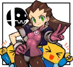Rule 34 | 1girl, blush, breasts, brown hair, commentary request, cowboy shot, cropped jacket, crotch plate, dakusuta, earrings, eyeshadow, gloves, green eyes, hair pulled back, hair slicked back, hand on own hip, highres, jewelry, logo, makeup, medium breasts, mega man (series), mega man legends (series), nintendo, pantyhose, puffy short sleeves, puffy sleeves, robot, servbot (mega man), shiny clothes, short sleeves, simple background, smile, solo focus, super smash bros., tron bonne (mega man), v, white background