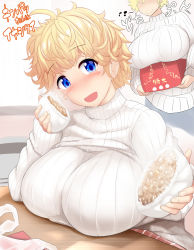 Rule 34 | 1girl, bad id, bad pixiv id, baozi, blonde hair, blue eyes, blush, box, breast rest, breasts, commentary request, curly hair, food, highres, huge breasts, looking at viewer, mizuyan, open mouth, original, raised eyebrows, ribbed sweater, short hair, smile, solo, sweater, table, translation request, turtleneck