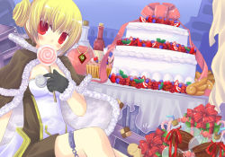 Rule 34 | 1girl, bio lab, black gloves, blonde hair, blush, bottle, breasts, brown cape, brown dress, cake, candy, cape, checkerboard cookie, chocolate, chocolate heart, commentary request, cookie, cuffs, cupcake, double bun, dress, feet out of frame, food, fur-trimmed cape, fur-trimmed gloves, fur trim, gift, gingerbread man, gloves, gyorui (yakiudonnn), hair between eyes, hair bun, handcuffs, heart, high wizard (ragnarok online), kathryne keyron, lollipop, looking at viewer, medium breasts, ragnarok online, red eyes, short dress, short hair, solo, strapless, strapless dress, two-sided cape, two-sided fabric, two-tone dress, white cape, white dress, wine bottle