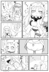 Rule 34 | 10s, 2girls, abyssal ship, comic, crossed arms, greyscale, horns, ikusotsu, japanese clothes, kantai collection, kariginu, kuma (kancolle), long hair, magatama, mittens, monochrome, multiple girls, navel, northern ocean princess, open mouth, panties, ryuujou (kancolle), sitting, sweatdrop, tears, torn clothes, translation request, twintails, underwear, visor cap