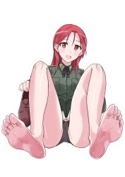 Rule 34 | 1girl, absurdres, barefoot, black panties, blush, breasts, cameltoe, crotch, dodo (purofu hitsudoku), feet, highres, large breasts, long hair, looking at viewer, military, military uniform, minna-dietlinde wilcke, open mouth, orange hair, panties, red hair, simple background, smile, soles, solo, spread legs, strike witches, transparent background, underwear, uniform, world witches series