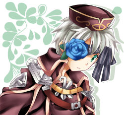 Rule 34 | 1boy, blue flower, blue rose, bow, brown coat, brown hat, closed mouth, coat, commentary request, emblem, expressionless, flower, flower eyepatch, flower over eye, green eyes, grey bow, grey hair, hat, looking at viewer, lowres, male focus, momozakura nanao, ragnarok online, rebellion (ragnarok online), rose, short hair, solo, striped, striped bow, upper body, white background
