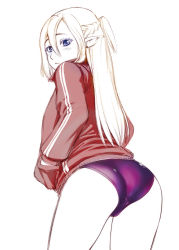 Rule 34 | 1girl, :&lt;, ass, ass focus, blonde hair, blue eyes, braid, colored eyelashes, competition swimsuit, contemporary, cowboy shot, earrings, elf, french braid, hair between eyes, jacket, jewelry, long hair, looking at viewer, looking back, one-piece swimsuit, original, pointy ears, purple one-piece swimsuit, simple background, solo, standing, stud earrings, swimsuit, thighs, track jacket, track suit, ueyama michirou, white background